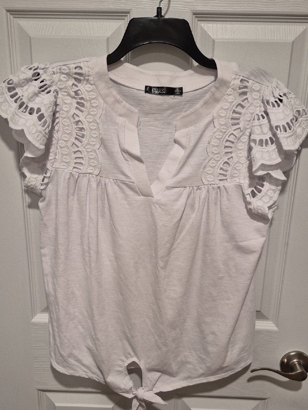 White Eyelet Flutter Sleeve Tie-Front Blouse